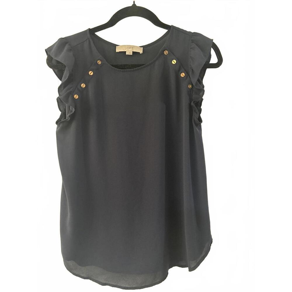 LOFT Navy Ruffle Sleeve Button Detail Blouse – Size Small